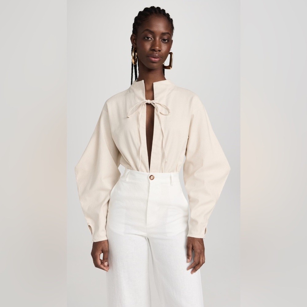 Andrea Iyamah Cream Tie-Neck Long-Sleeve Bodysuit